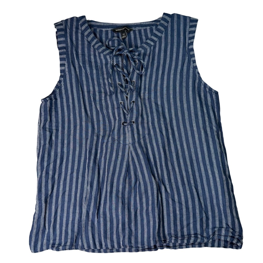 Banana Republic Striped Lace Up Linen Blend Tank Top Coastal Navy XS Bohemian